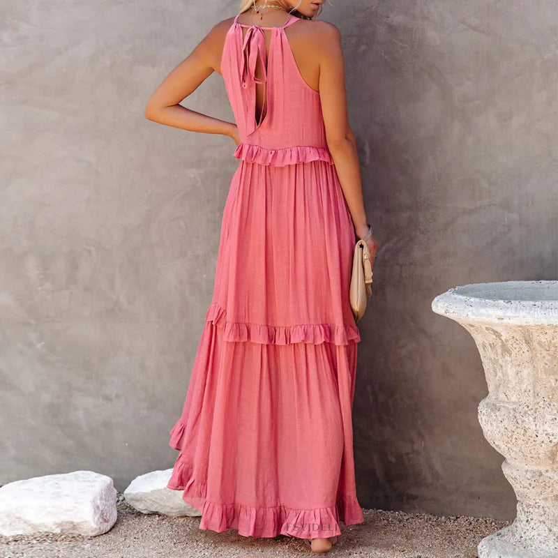 Solid Ruffled Sleeveless Maxi Sundress for Women