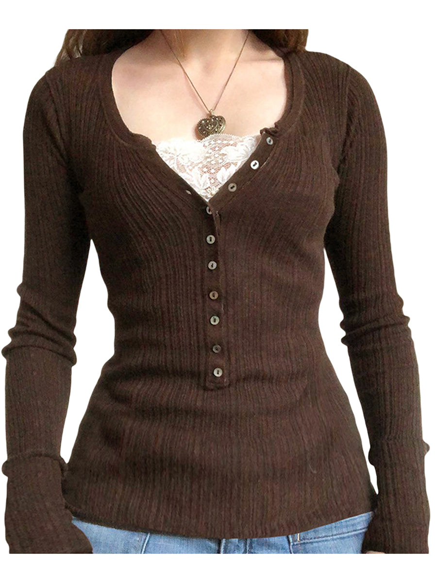 Button Front Lace Patchwork Slim Fit Knit Top for Women