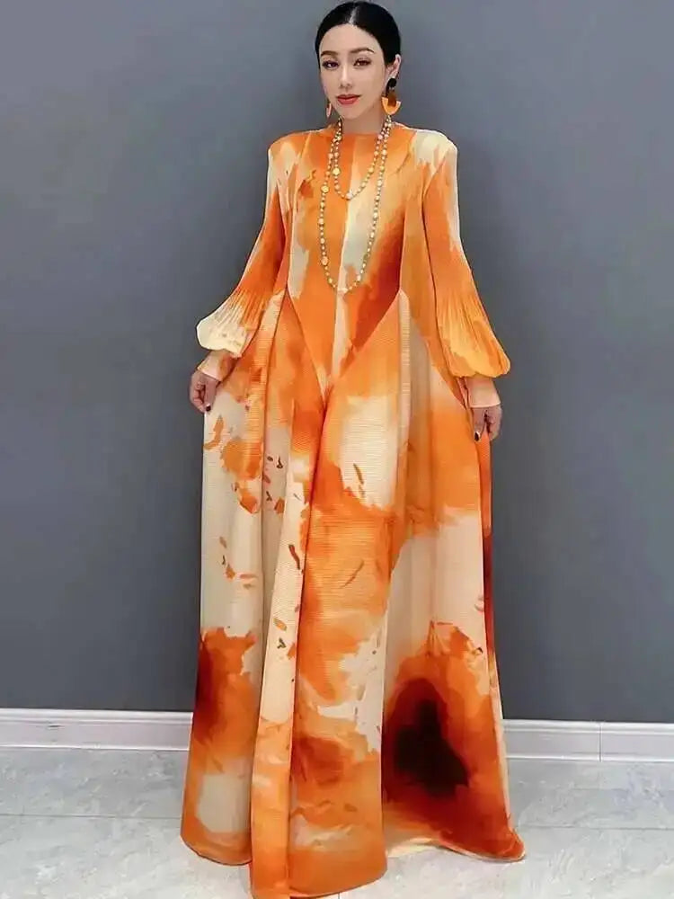 Printed Chiffon Ankle Length Dress With Bubble Sleeves for Women