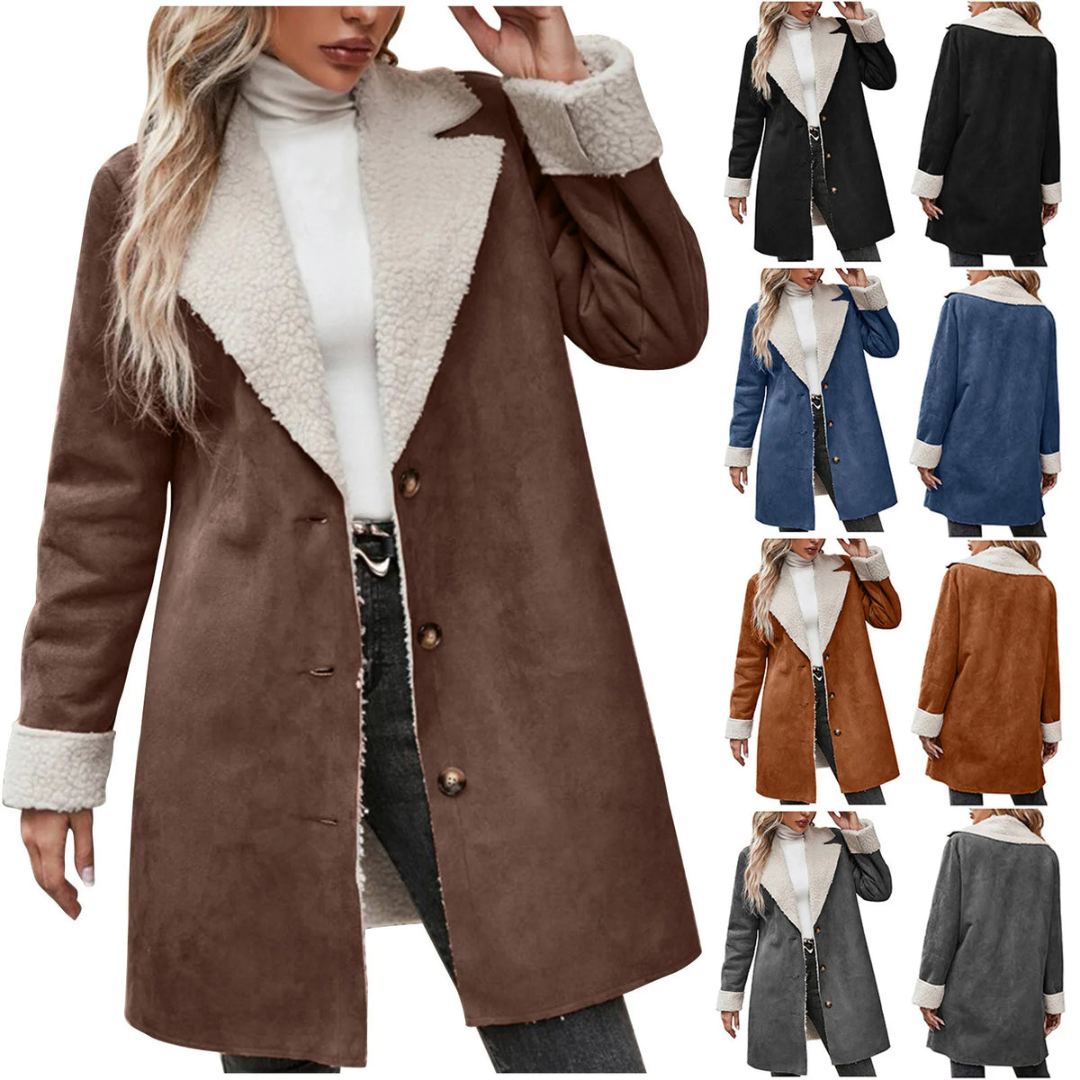 Warm Fleece Lined Suede Coat With Notch Lapel for Women
