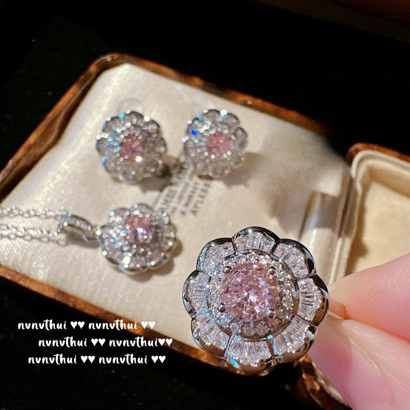 Sterling Silver Pink Cubic Zirconia Jewelry Set for Women