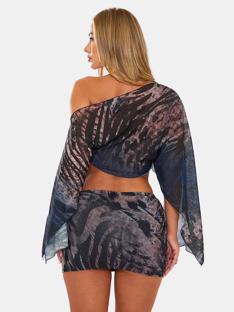Tiger Striped Mesh Crop Top and Peach Hip Skirt Two Piece Set for Women