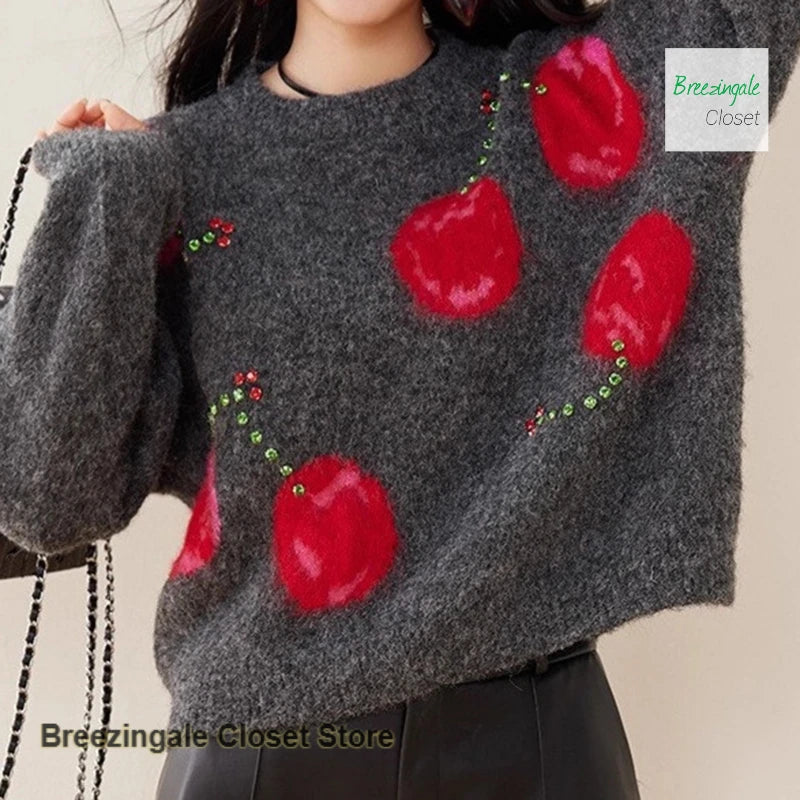 Cherry Jacquard Round Neck Long Sleeve Sweater For Women