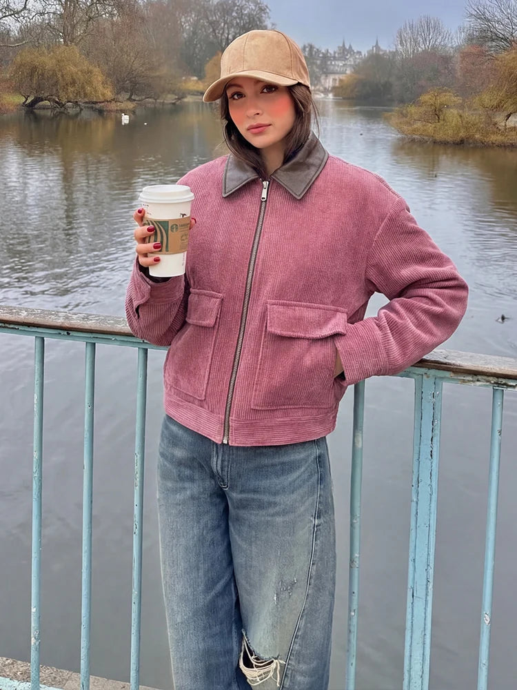 Pink Corduroy With Zipper And Pockets Long Sleeve Jacket for Women
