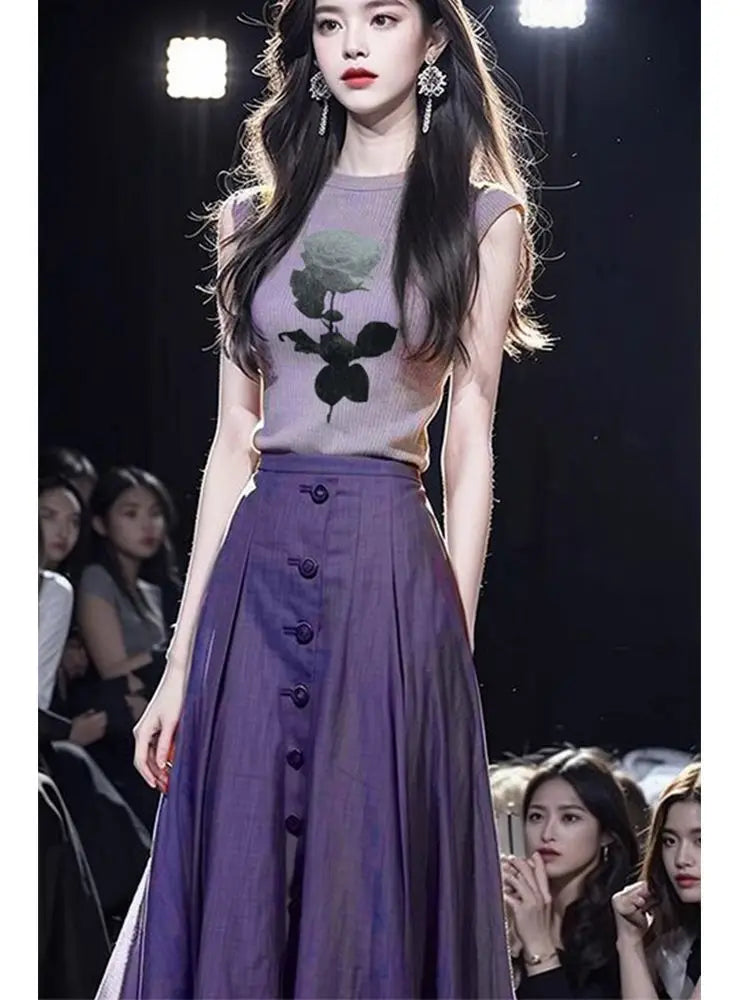 Floral Print Slim T Shirt and High Waist Pleated Skirt Two Piece Set for Women