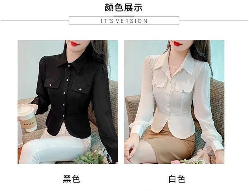 Autumn 2025 New Women Short Long-sleeved Chiffon Blouse Shirt Western-style Blouse Female  Slim Pure Colour Bottoming Shirt