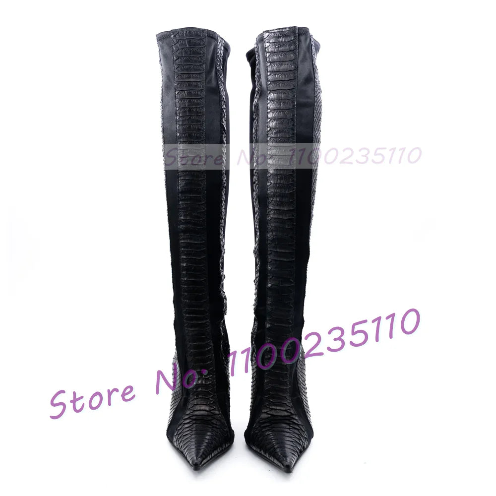 Black Python Leather Splicing Knee High Boots With Slim Stiletto Heel For Women