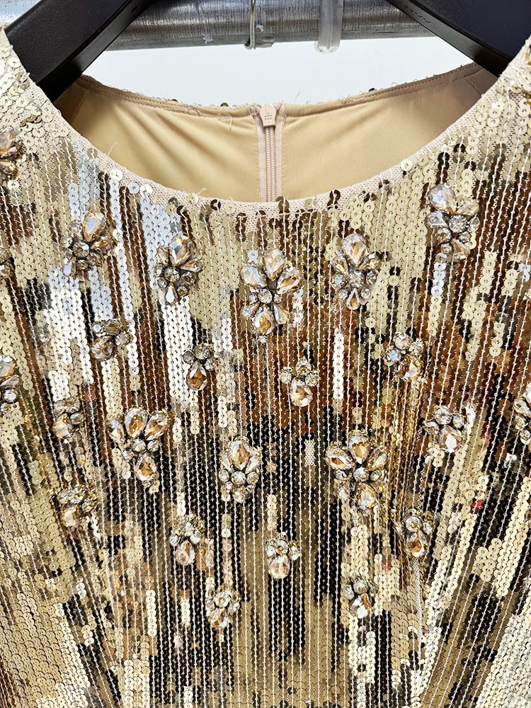 HIGH STREET Newest Fashion 2026 Designer Party Vestido Women's Long Sleeve Gold Sequined Diamonds Long Maxi Dress