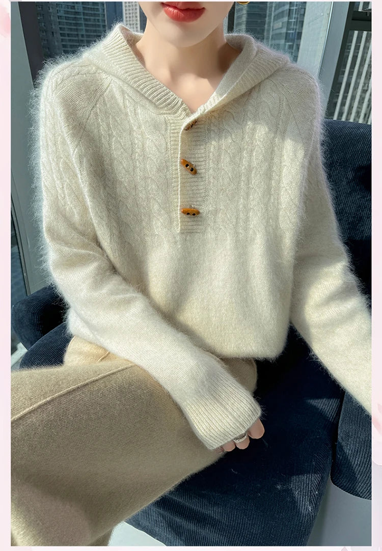 Chunky Knit Loose Hooded Pullover Sweater for Women