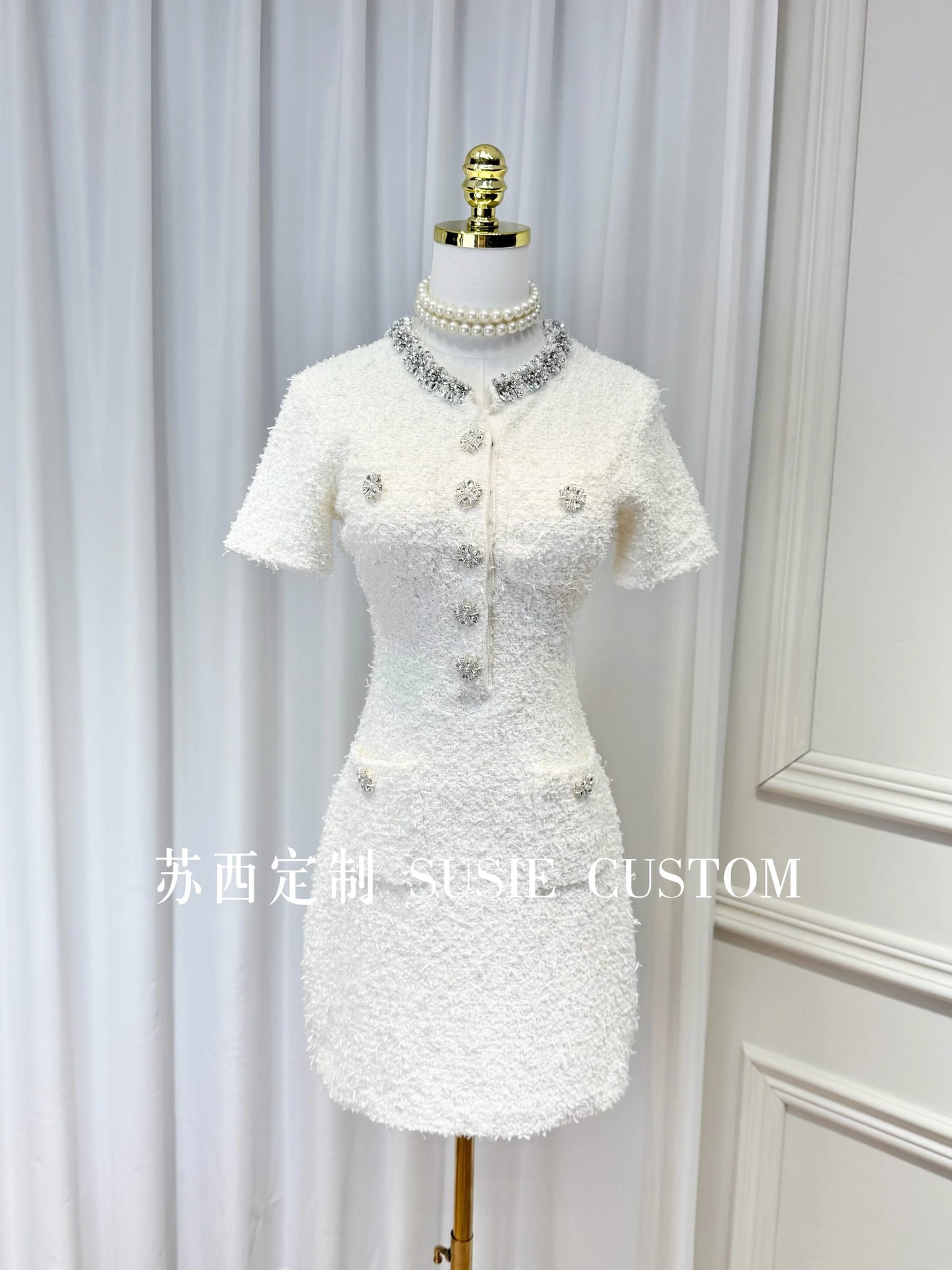 High-End Heavy Beaded Rhinestone Round Neck Slim Fit Bodycon Dress Autumn New Fashion Short Sleeve Elegant Party Women's Dress