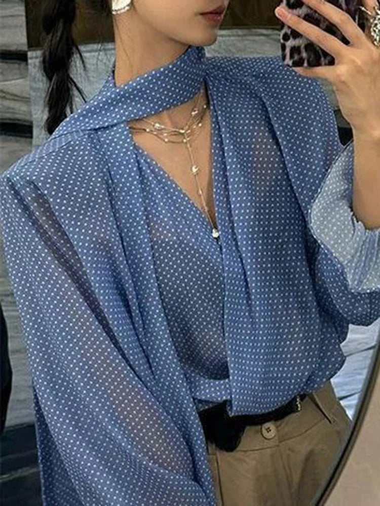 Long Sleeve Blue Polka Dot V Neck Chiffon Sun Protection Shirt for Women