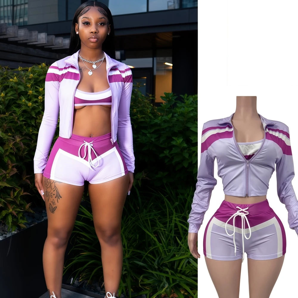 FAGADOER Sexy Sport 3 Pieces Set for Woman Color Block Long Sleeves Jacket + Tanks Top and Shorts Matching Female Beach Swimsuit