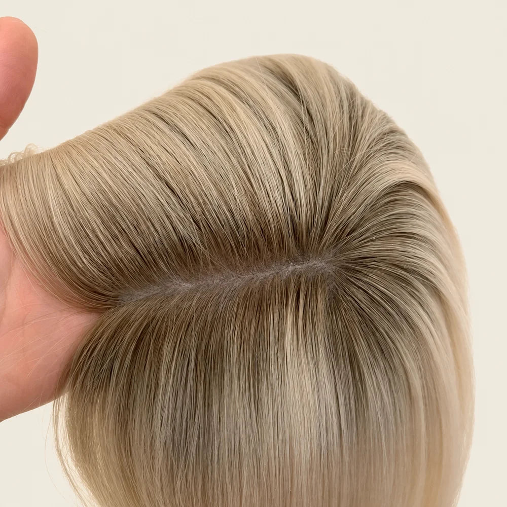 Natural Light Blonde Straight Human Hair Silk Top Wig for Women