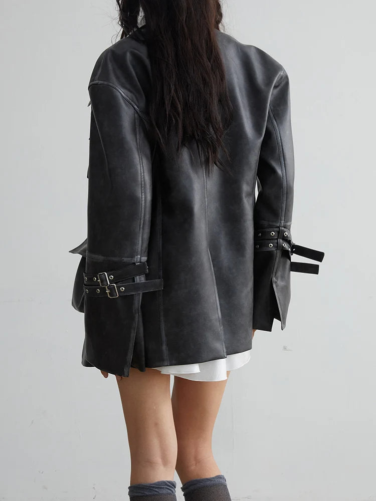 Loose Fit Black Faux Leather Jacket With Pockets for Women