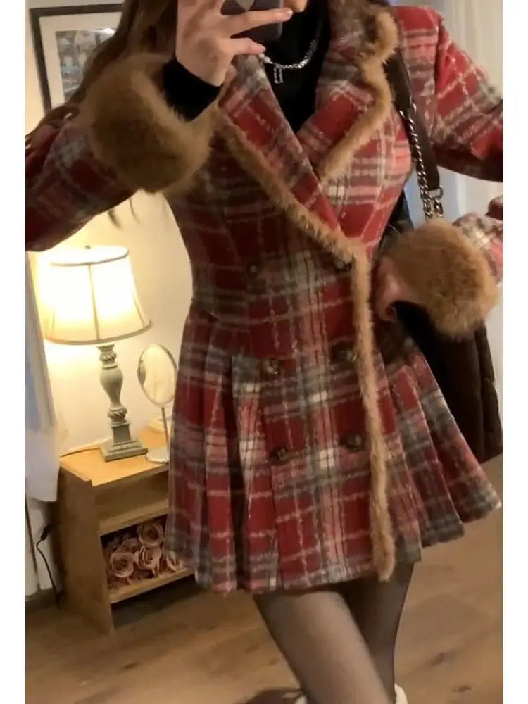 Women's Double Breasted Plaid Coat, Woolen Jacket , V-Neck, Loose Tops, Female Clothes, Sweet, New, Autumn, Winter
