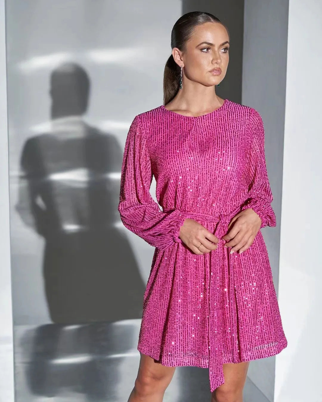 Sparkly Puff Long Sleeve Party Dress with Belt for Women Glitter Beaded Mini Dress Loose Wedding Bridesmaid Ladies Short Dresses