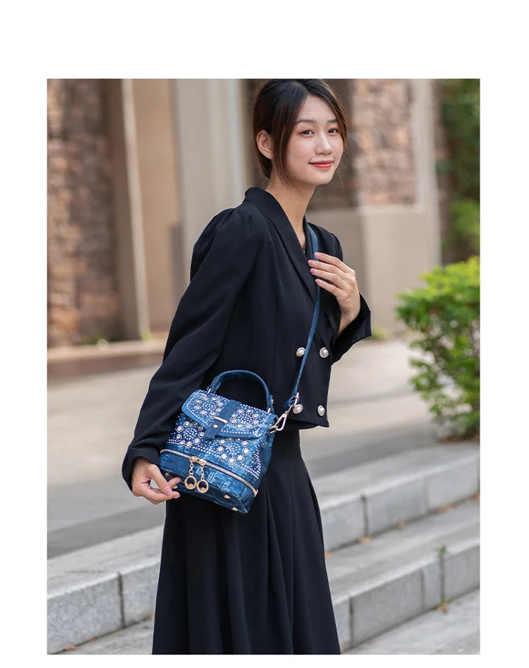 Diamond Embellished Denim Multiway Backpack for Women