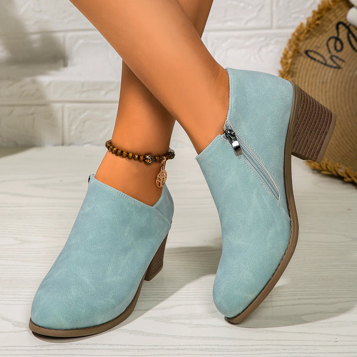 Elegant Suede Side Zipper Square Heel Ankle Boots for Women