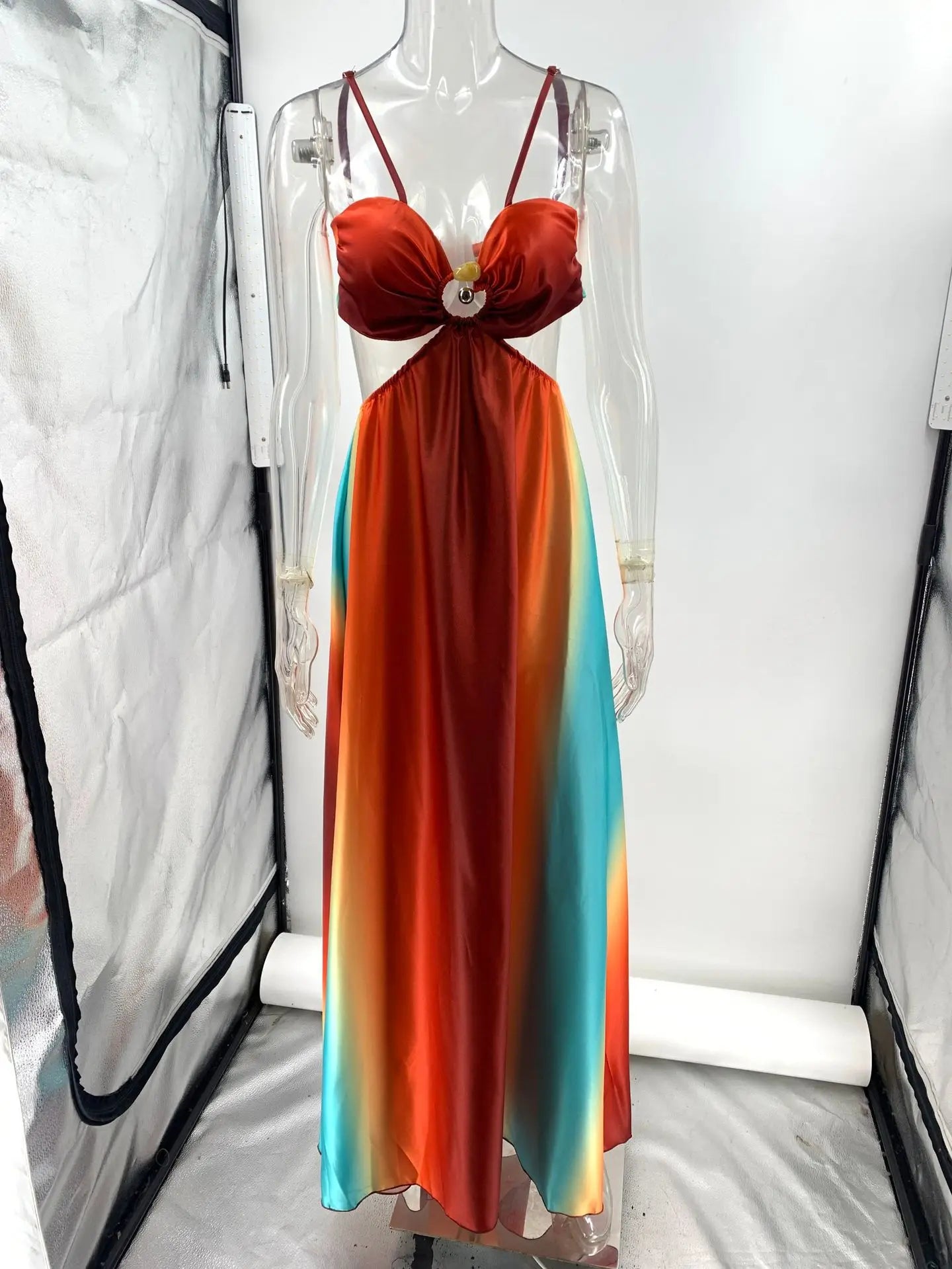 Sexy Gradient Sling Beach Long Dress Women Vintage Sleeveless Lace Up Hollow Out Tube Dresses Female Chic Street Party Holiday