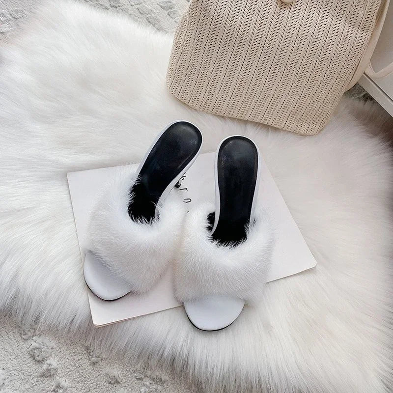 Fur Trim Open Toe Stiletto Party Sandals for Women