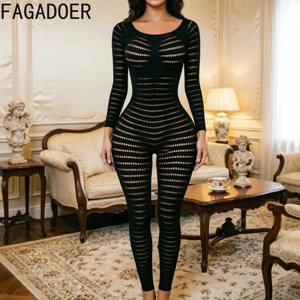 Knit See Through Hollow Out Solid Color Jumpsuit for Women