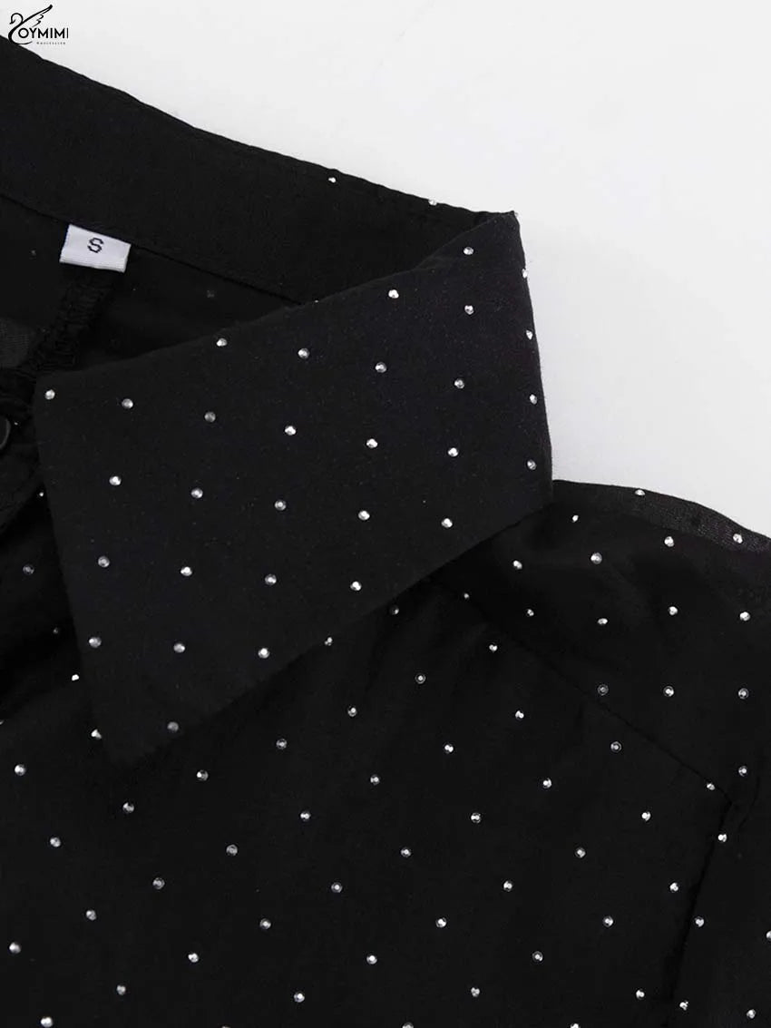 Oymimi Fashion Black Rhinestone Women's Dress Casual Lapel Long Sleeve Button Dresses Elegant New Lace-Up Pleated Mini Dresses