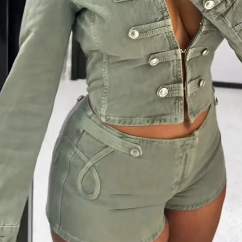 Elegant Slim Fit Stand Collar Denim Jacket Set for Women