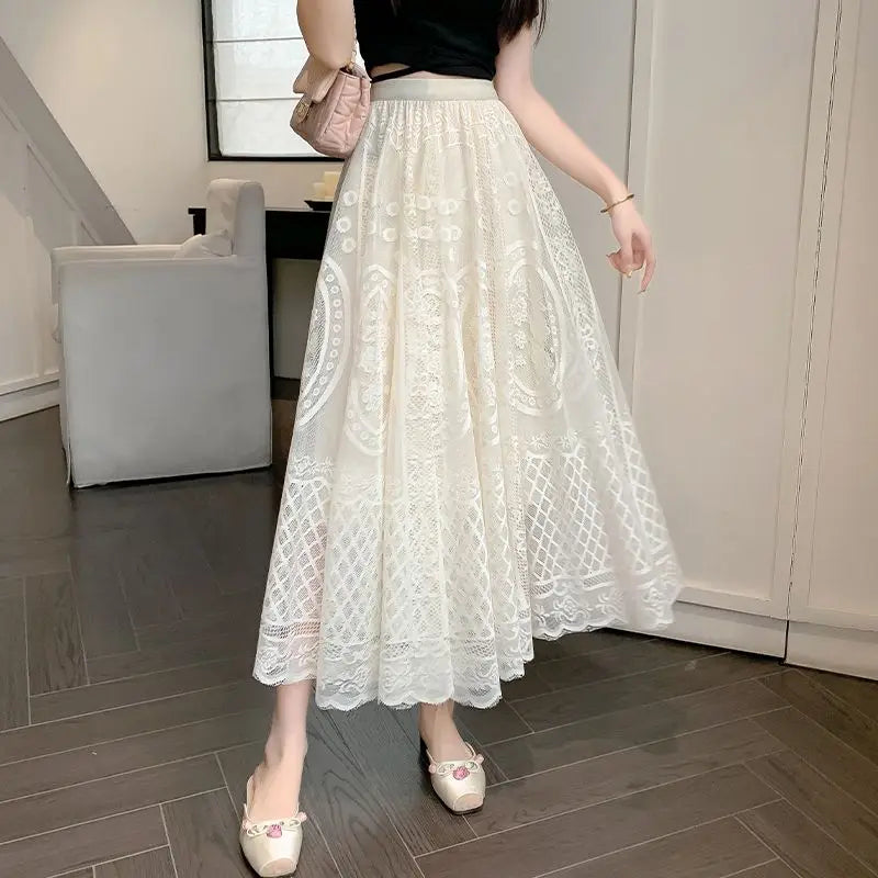 High Waisted Lace A Line Swing Midi Skirt for Women