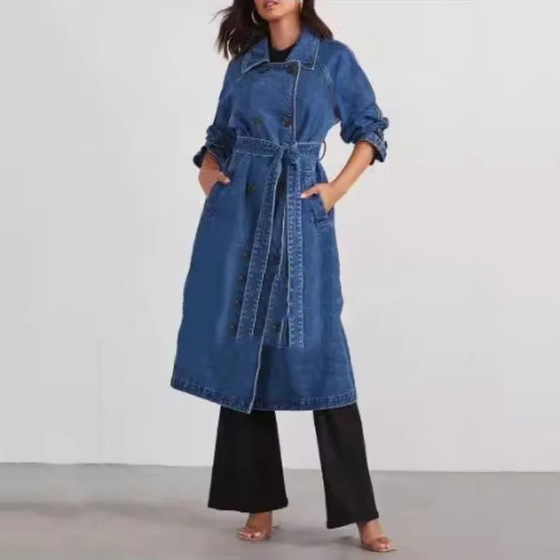 ANJY Autumn Winter New Women Fashion Elegant Denim Trench Coat Ins Streetwear Turn-Down Collar Lace-Up Button Long Jacket A13025