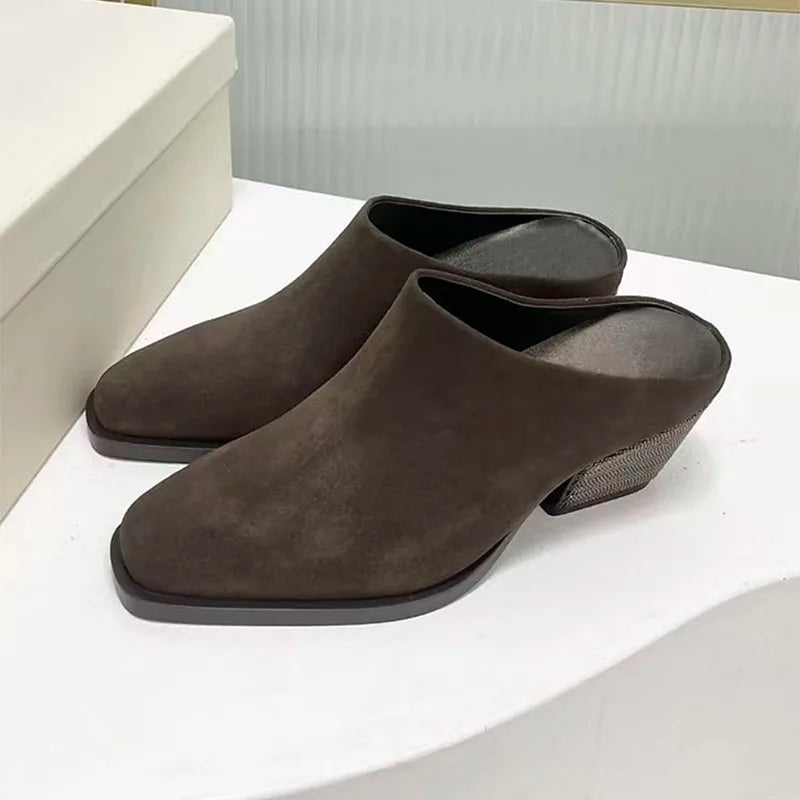 Square Heel Suede Mules With Bead Accents For Women