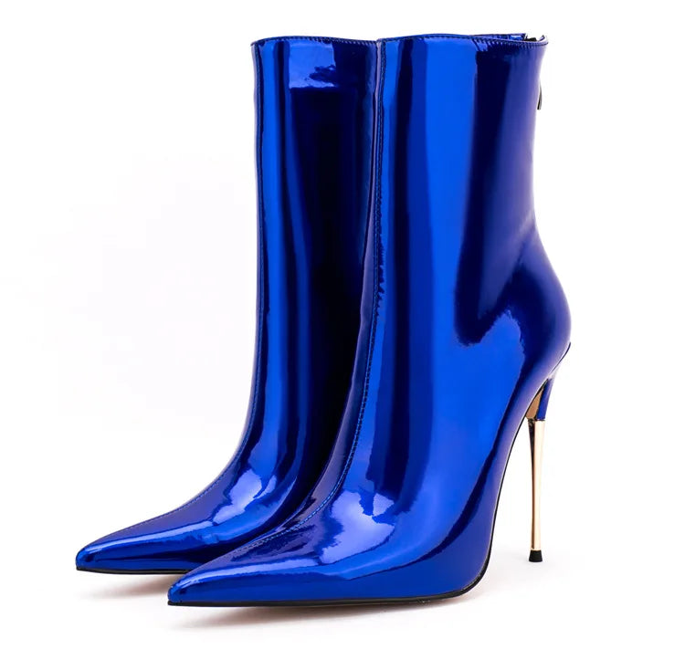 Shiny Blue Mirror Stiletto Boots with Side Zipper for Women