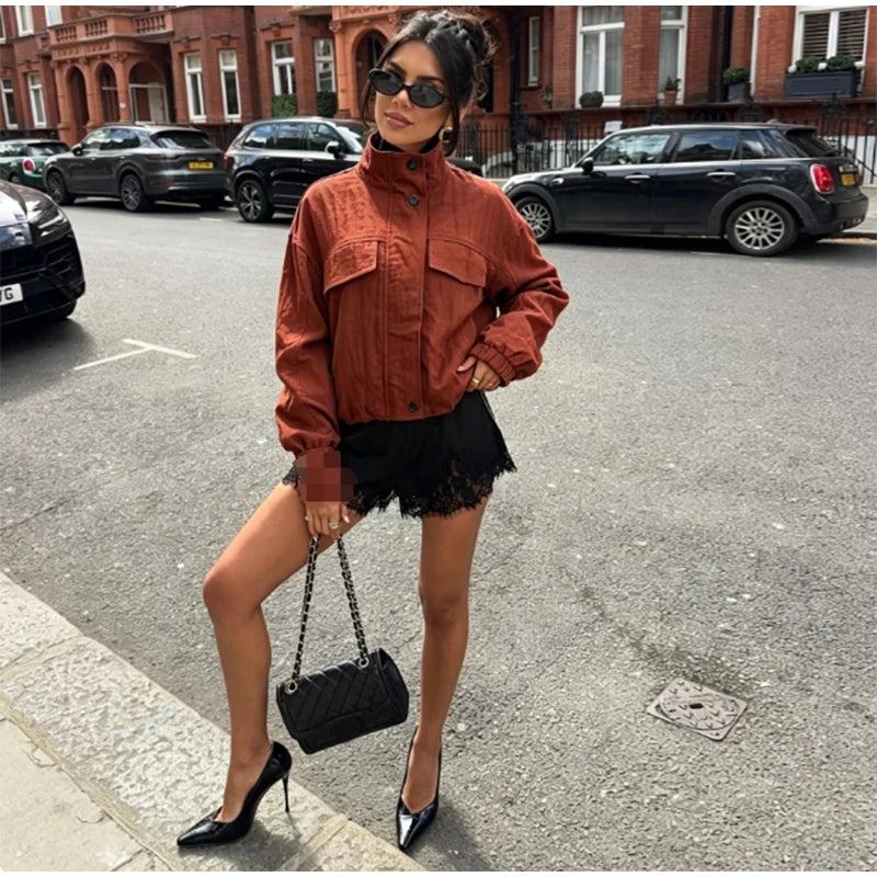 Casual Solid Loose Jacket Stand Collar With Big Pockets for Women
