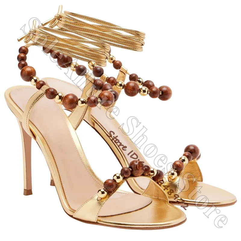 Metallic Gold Open Toe Lace Up Wood Bead Stiletto Sandals for Women