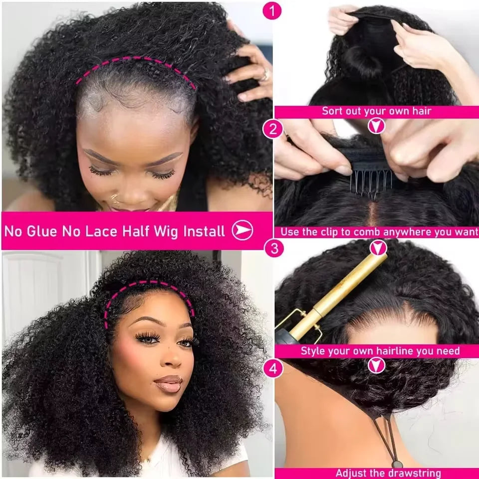 Seamless Drawstring Kinky Curly Half Wig for Women