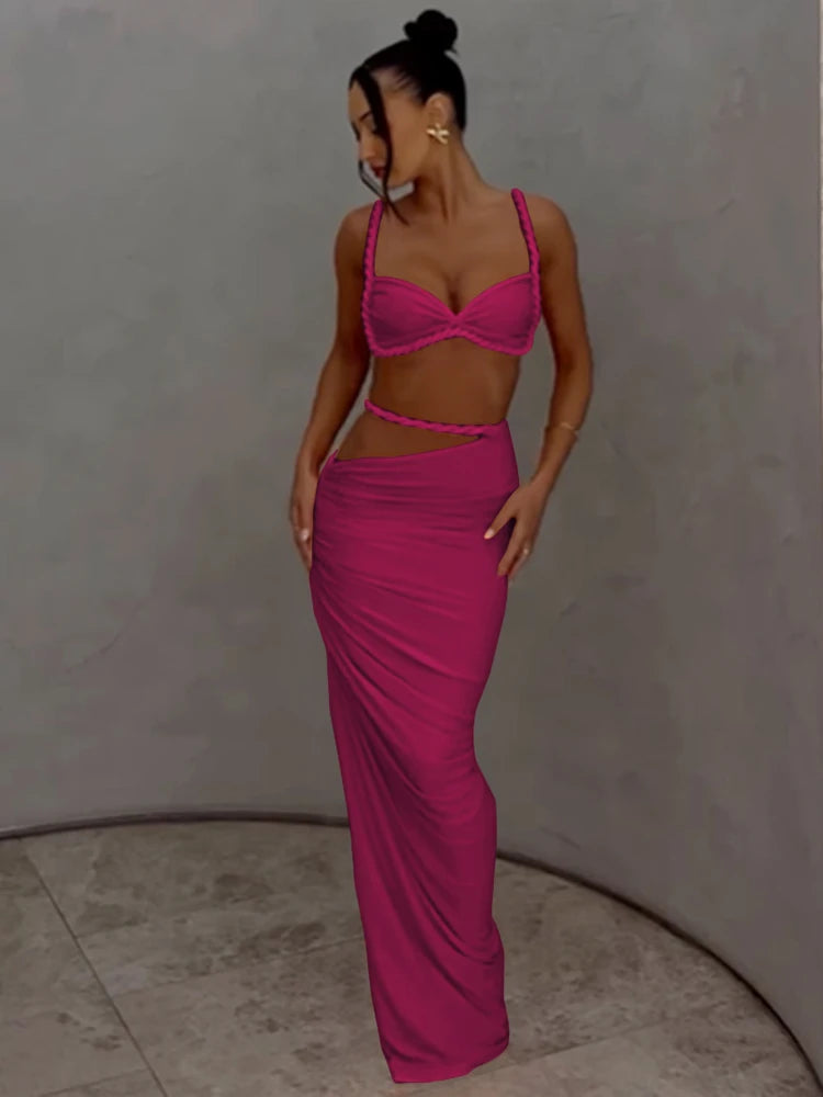 Woven Pleated Crop Top and Maxi Skirt Two Piece Set for Women