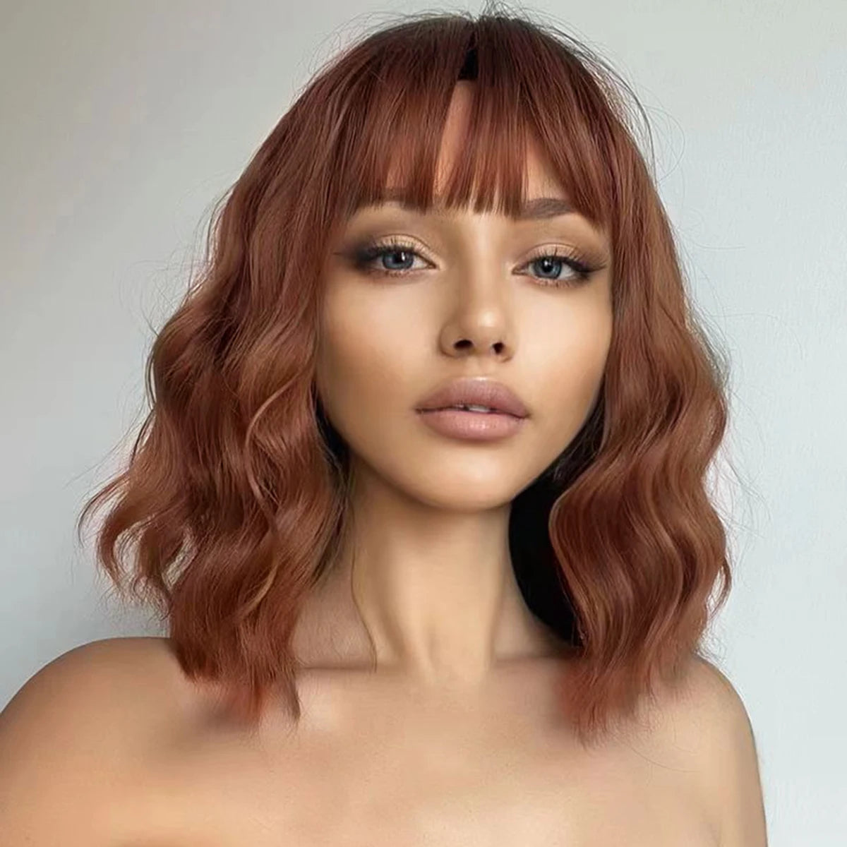 Natural Brown Synthetic Curly Wavy Bob Wig With Bangs For Women