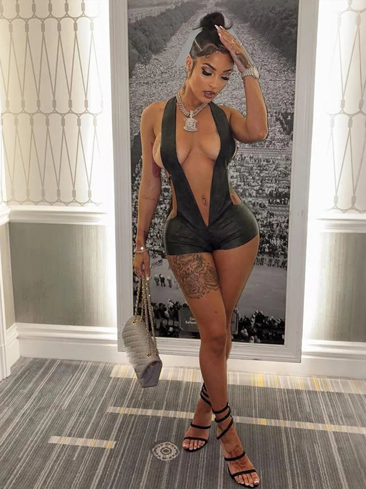 Faux Leather Halter Deep V Neck Backless Romper for Women