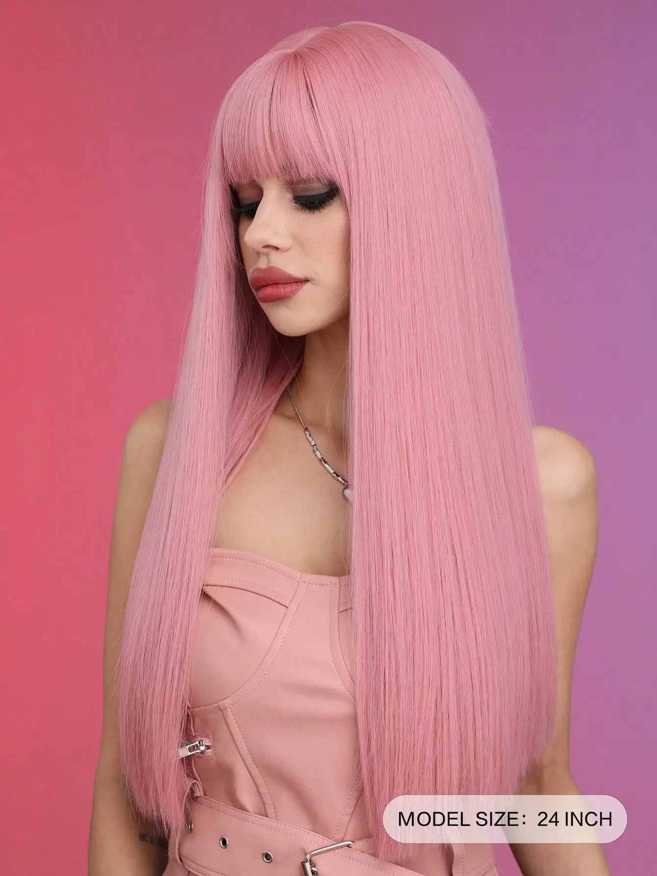 Long Straight Pink Heat Resistant Synthetic Wig With Bangs For Women