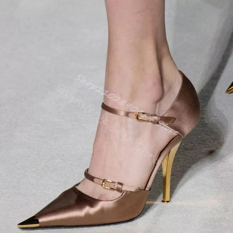 Elegant Sky Blue Silk Pointed Toe Pumps With Ankle Strap For Women