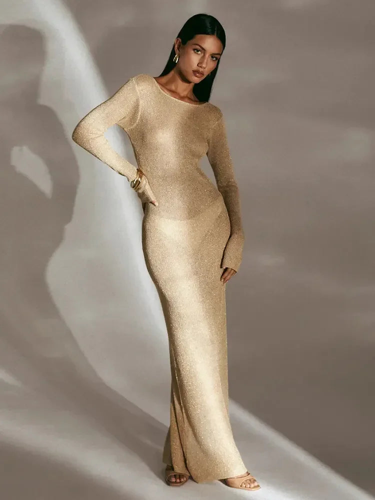 Sexy Knit Beach Swimsuit Cover Up 2025 Women Summer See-through Slim Backless Tassel Tie-up Long Sleeve Slit Gorgeous Dress K65