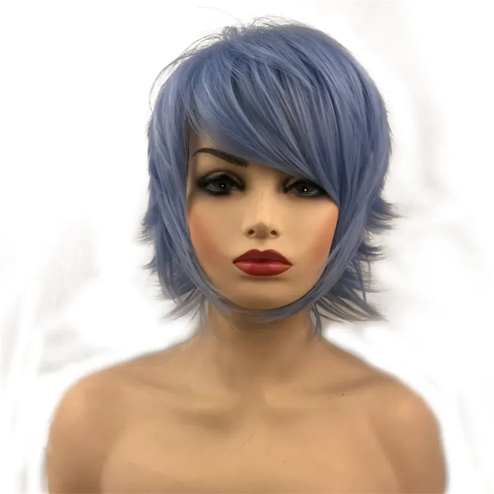Straight Blue And Red Synthetic Cosplay Wig For Women
