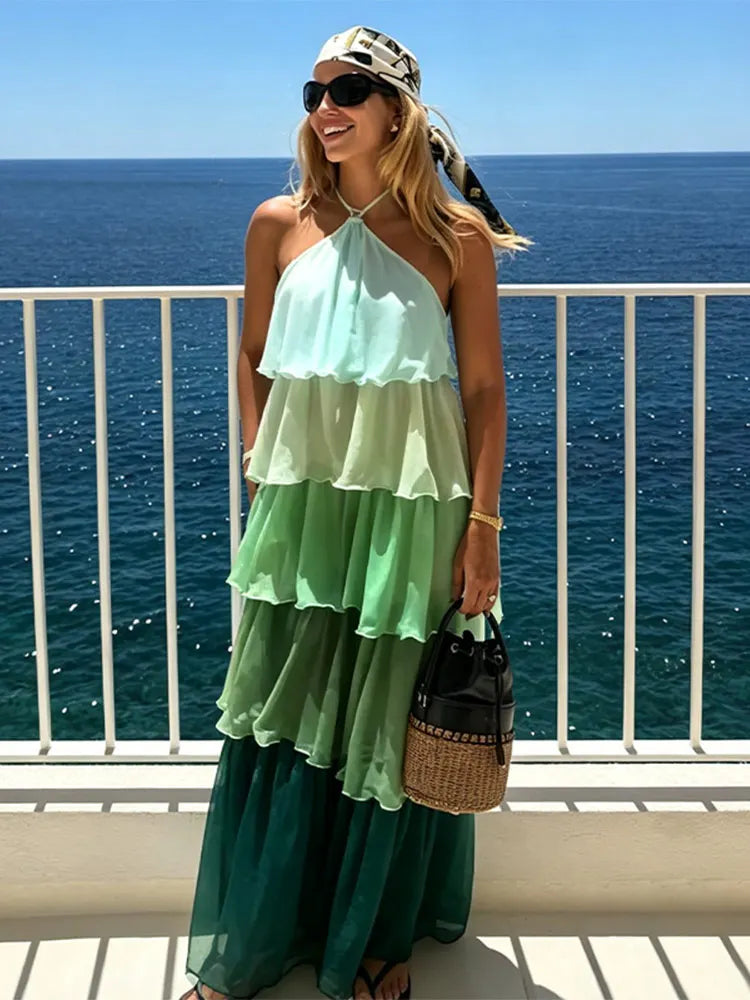 Flowy Gradient Halter Off Shoulder Ruffle Maxi Dress for Women