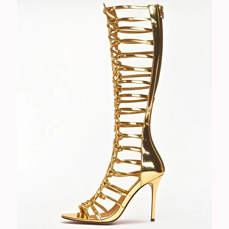 High Heel Metal Buckle Gladiator Knee Boots For Women