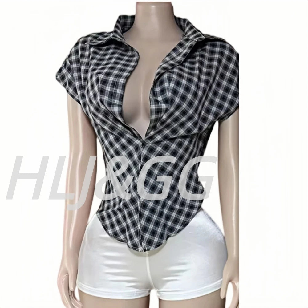 Plaid Print Deep V Neck Sleeveless Hollow Two Piece Set for Women