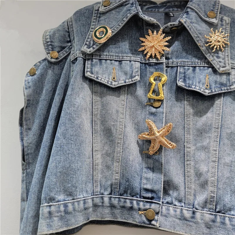 Hollow Out Short Denim Jacket With Metal Buckle Buttons For Women