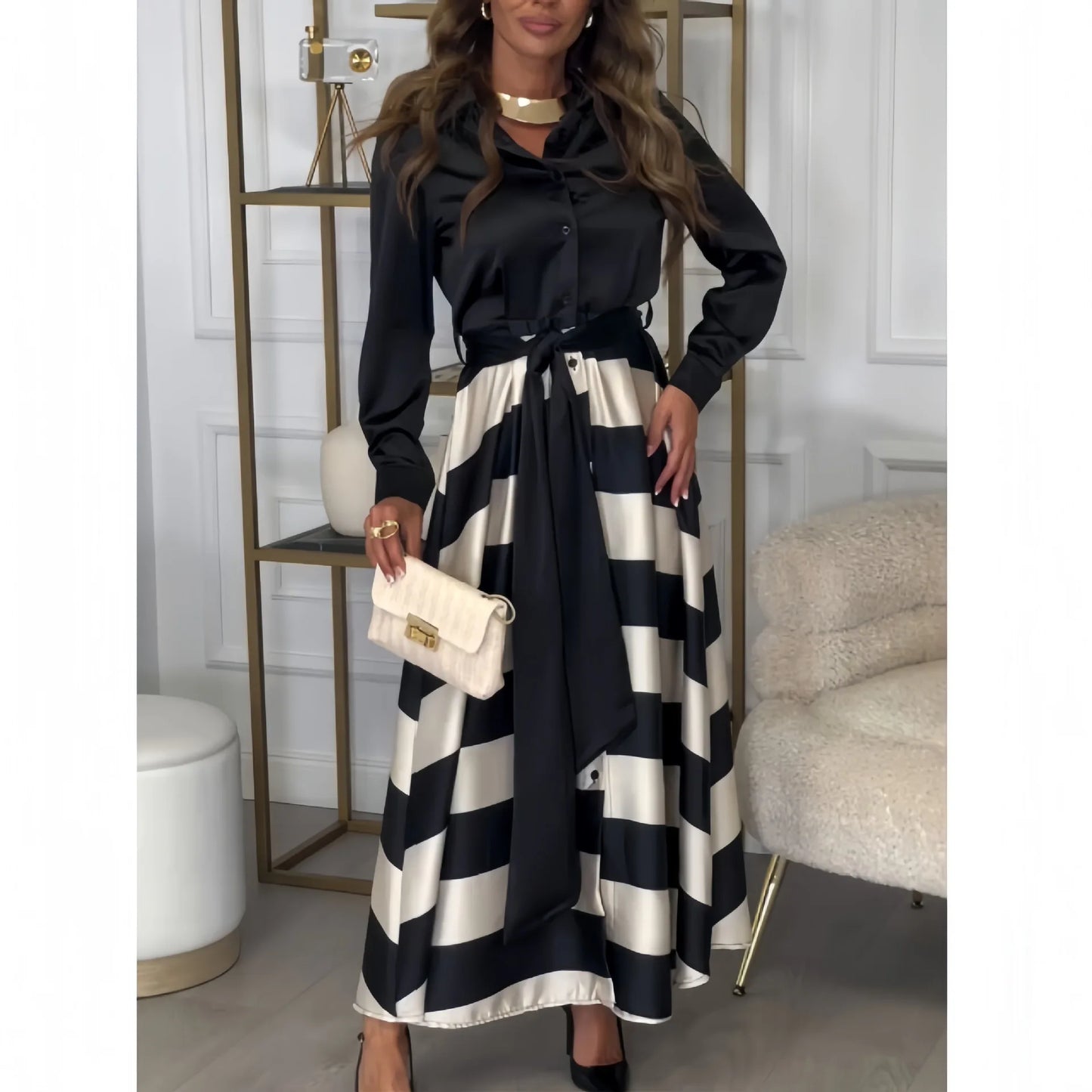 Women's Fashion Spring Autumn Satin Long Dress Casual Long Sleeved Lace Up Turn-down Collar Skirts Vintage Pattern Printed Dress