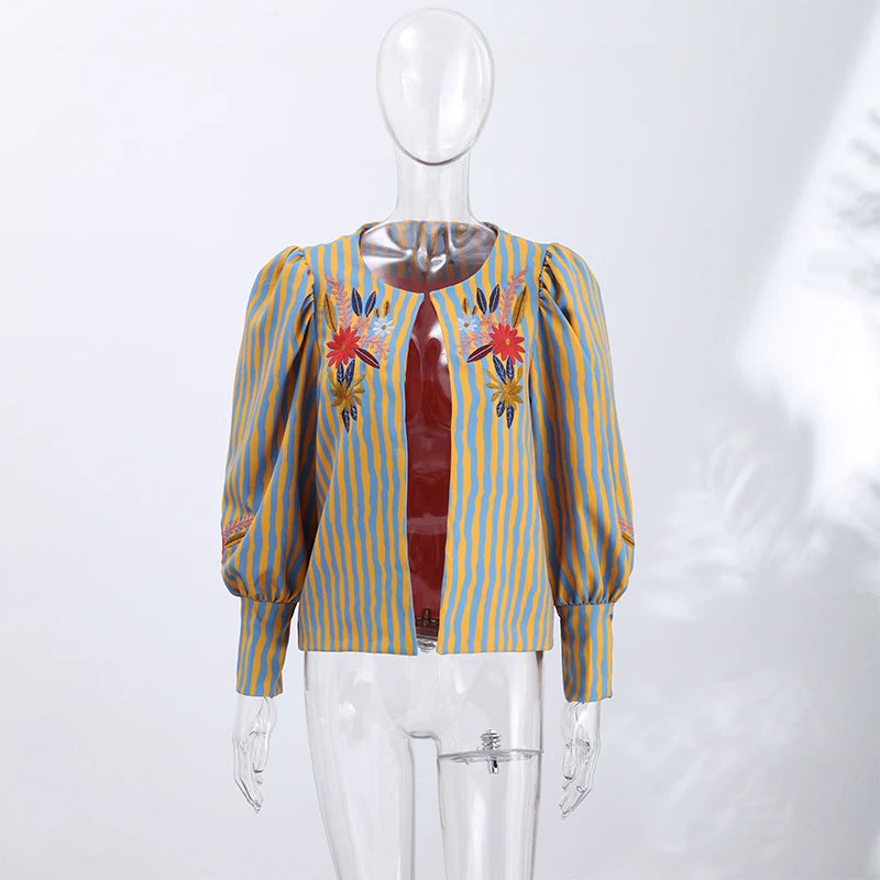 Elegant Striped Embroidered Open Stitch Jacket for Women