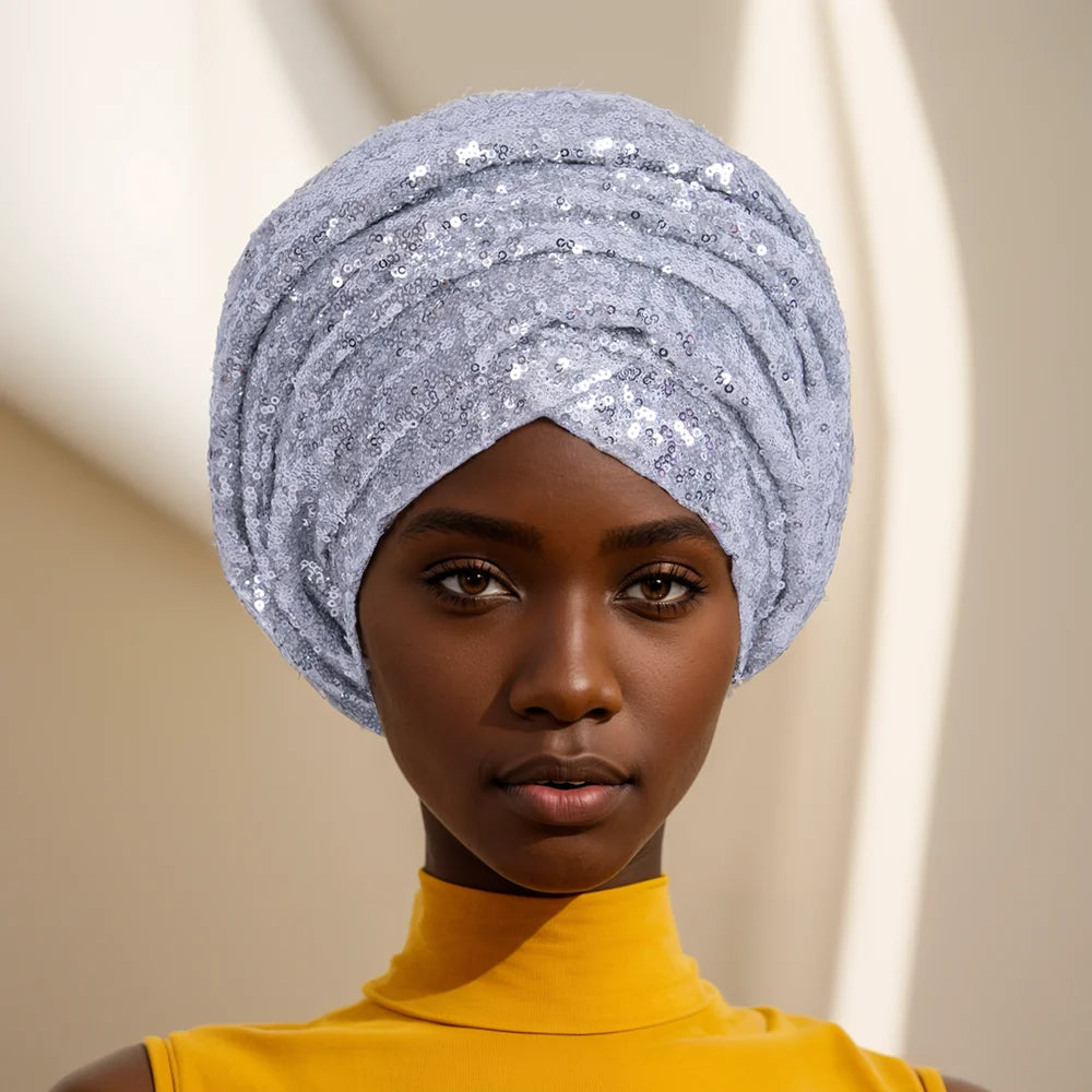 Gleaming Sequined African Print Head Wrap for Women