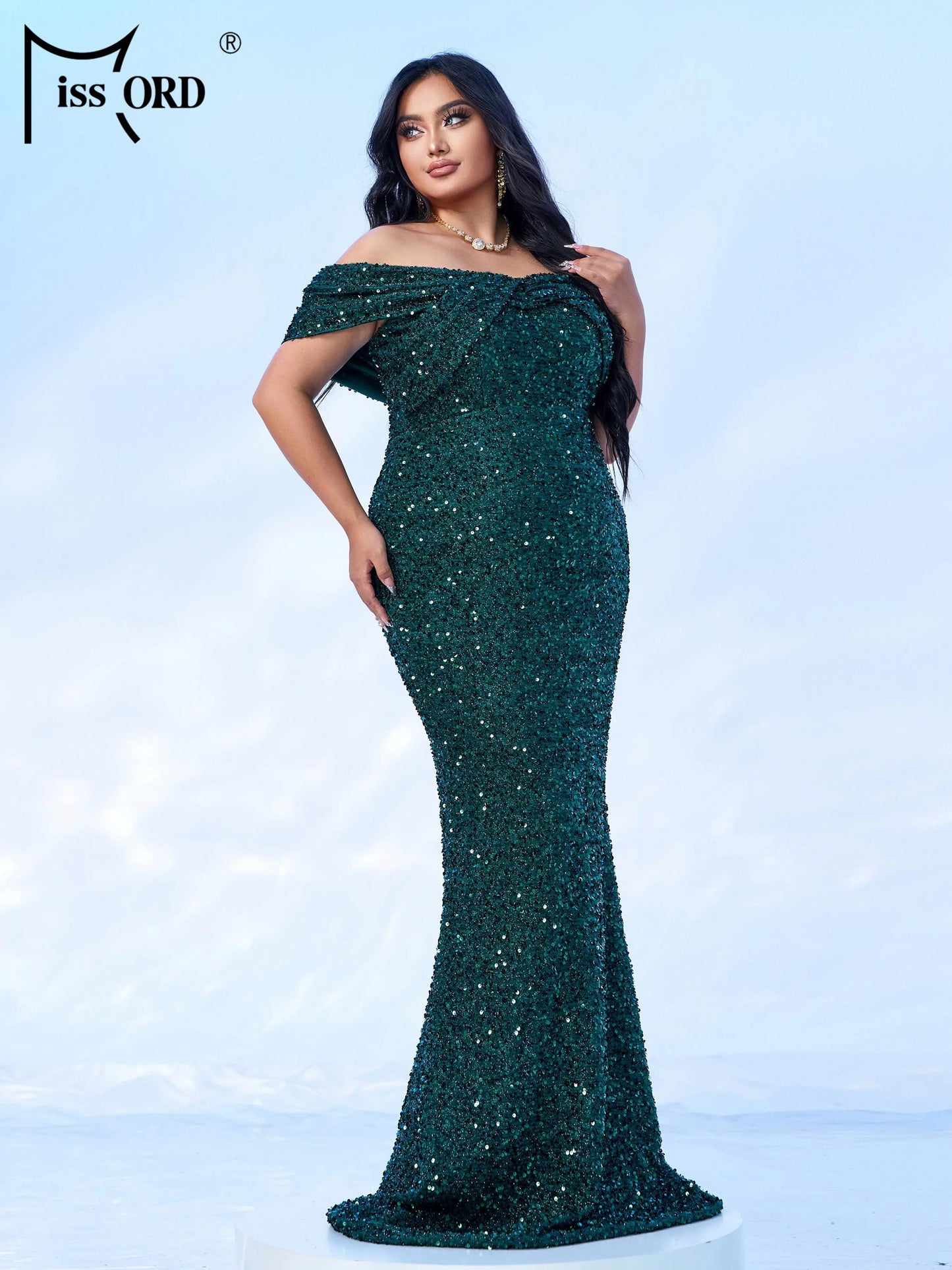 Missord Grey Sequin Plus Size Evening Dress Elegant Women Off Shoulder Bodycon Maxi Mermaid Party Prom Dresses Long Formal Gown