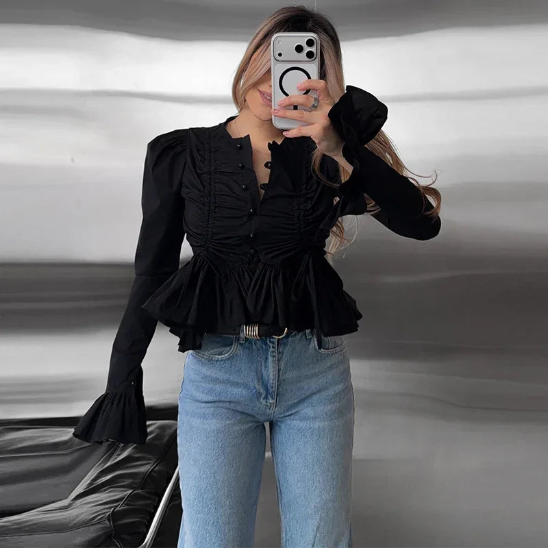 Chic Solid Ruffle Pleated Puff Sleeve Shirt for Women